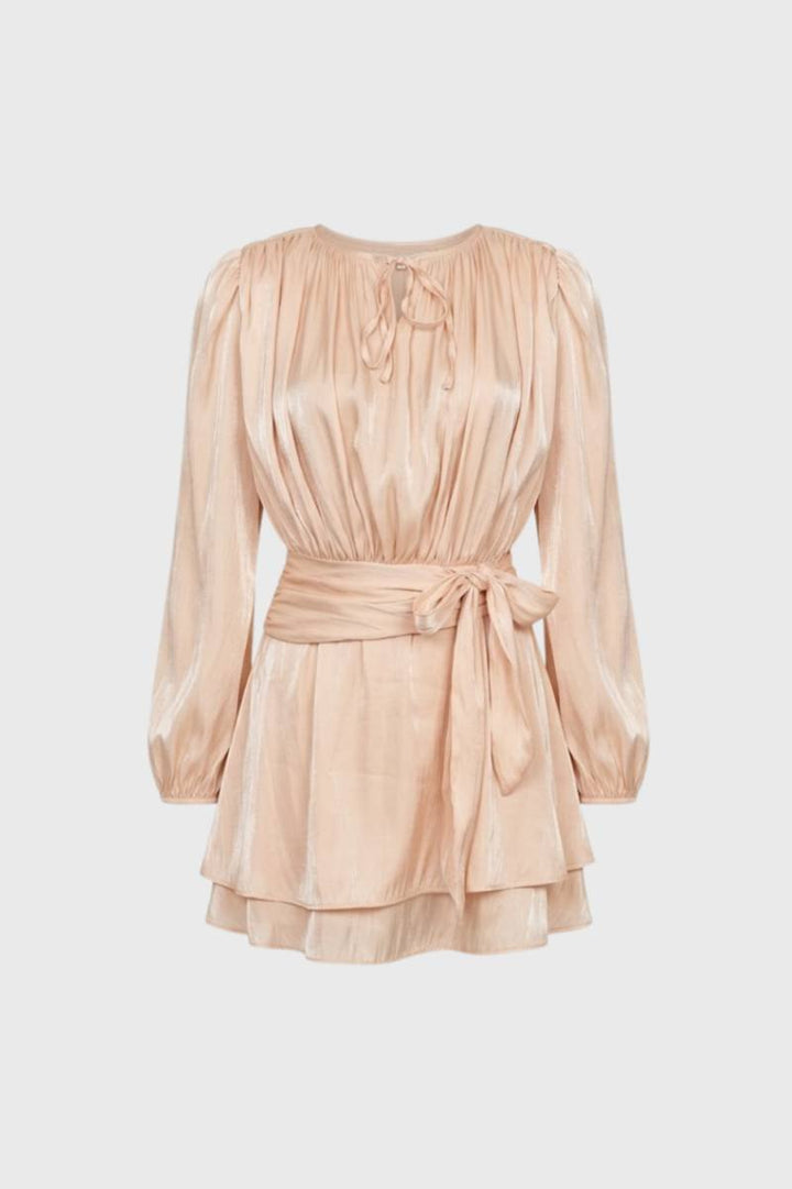 Mini Dress Women - Tie Neck Long Sleeve with Belt | Elegant — Champagne