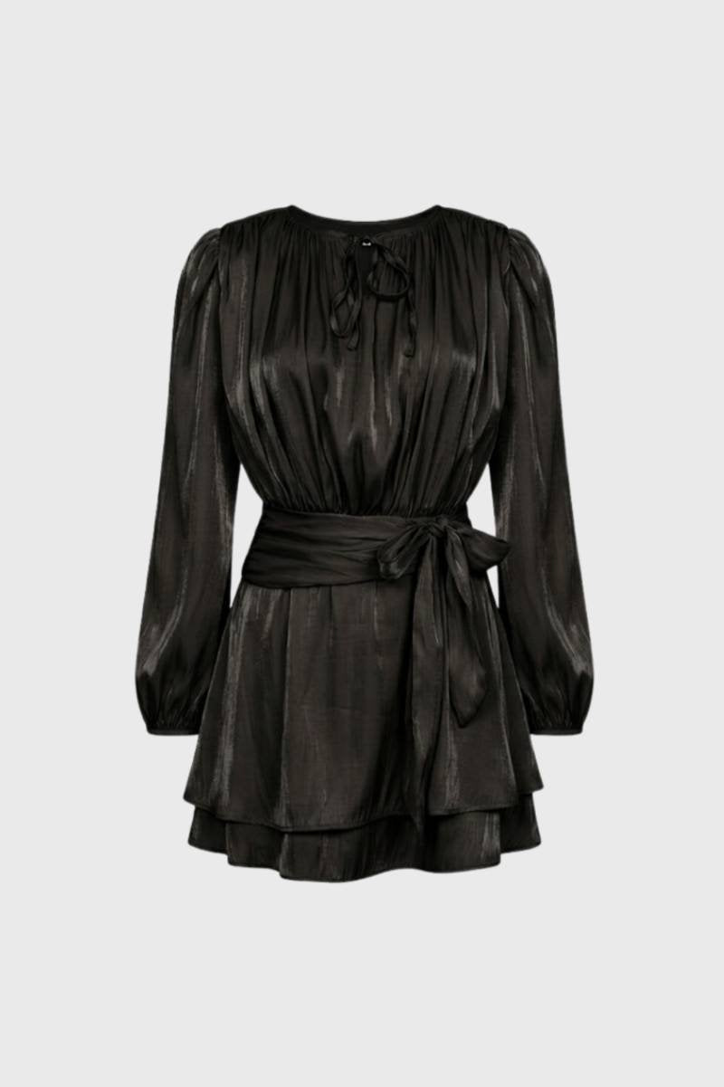 Mini Dress Women - Tie Neck Long Sleeve with Belt | Elegant — Black