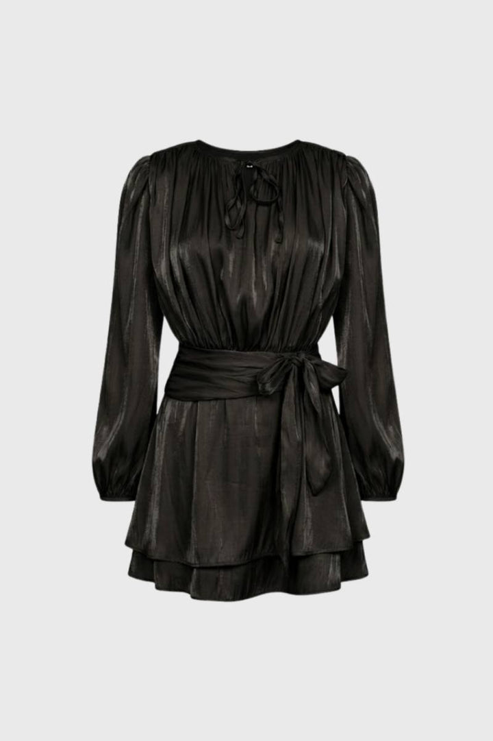 Mini Dress Women - Tie Neck Long Sleeve with Belt | Elegant — Black