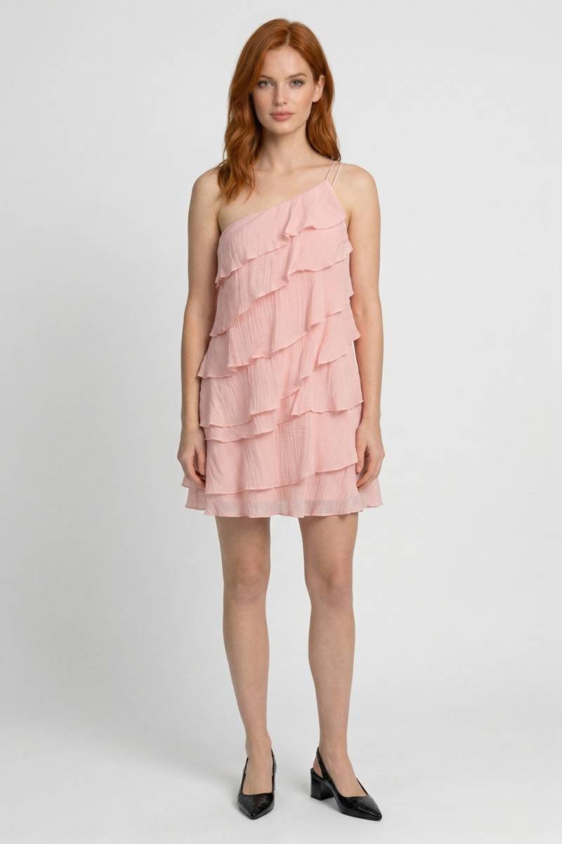 Mini Dress Women - Tiered Ruffle One Shoulder with Straps | Chic — Pink