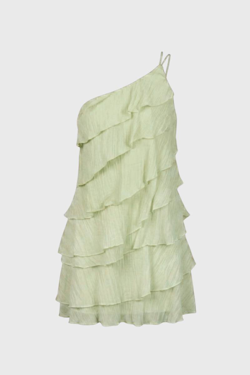 Mini Dress Women - Tiered Ruffle One Shoulder with Straps | Chic — Light Green