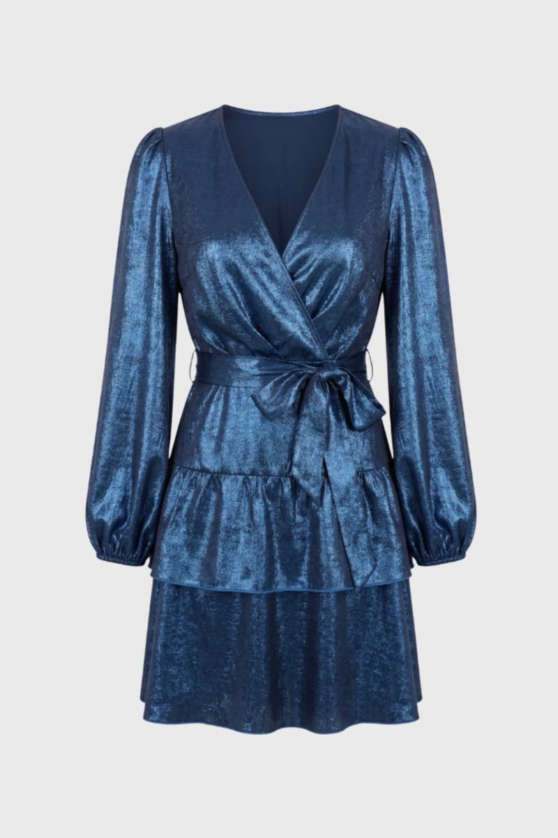 Mini Dress Women - Wrap Style Balloon Sleeves | Shimmer Blue — Blue