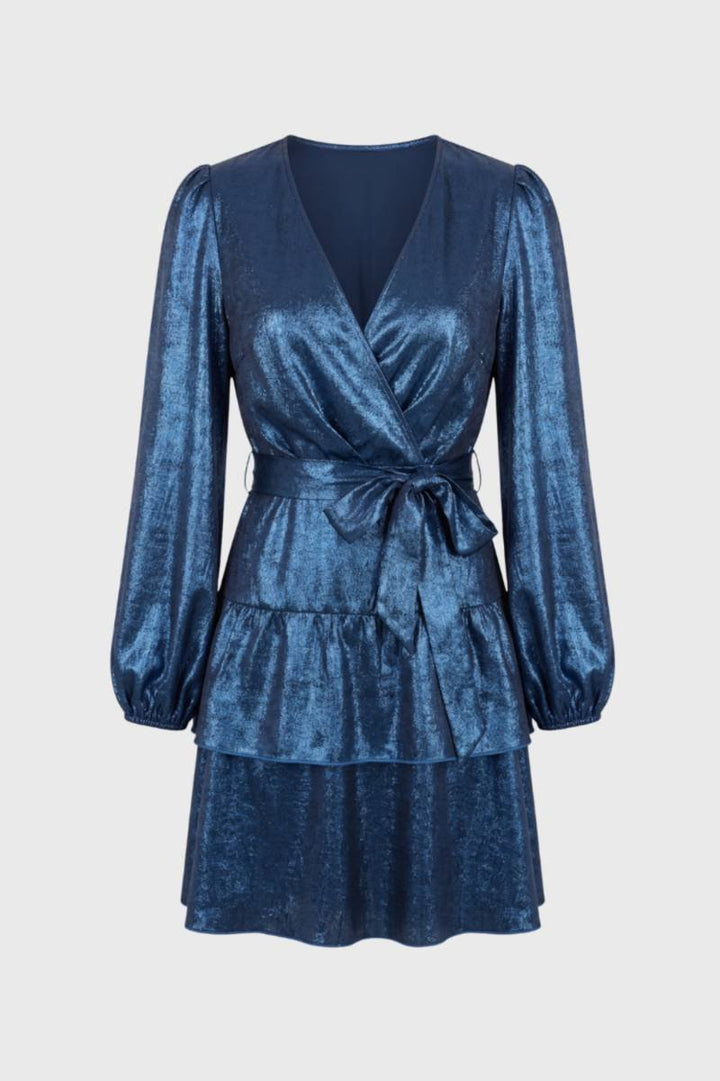 Mini Dress Women - Wrap Style Balloon Sleeves | Shimmer Blue — Blue