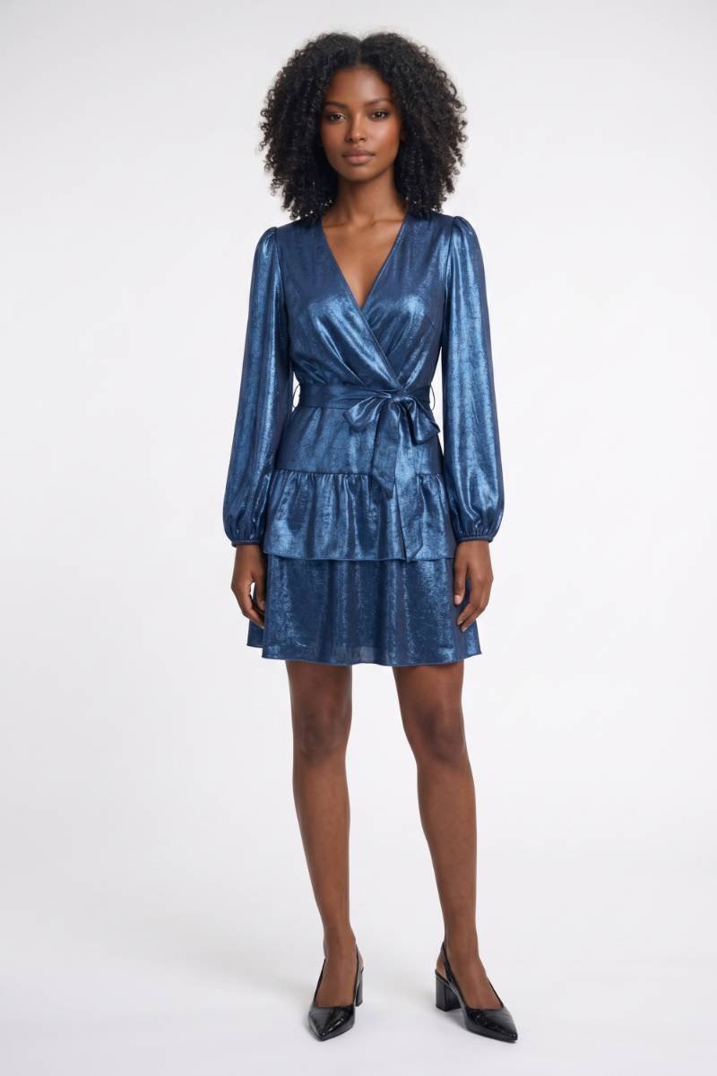 Mini Dress Women - Wrap Style Balloon Sleeves | Shimmer Blue — Blue