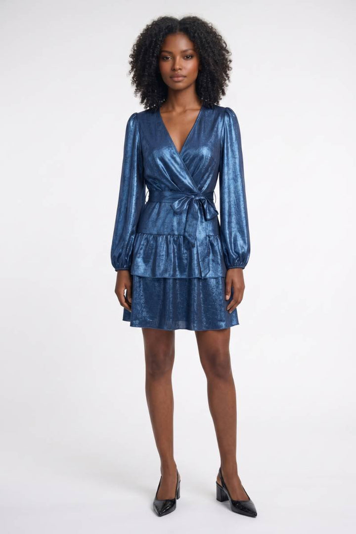 Mini Dress Women - Wrap Style Balloon Sleeves | Shimmer Blue — Blue