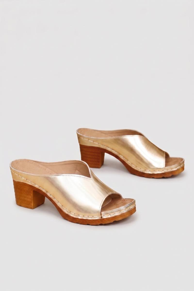 Mule Sandals Women - Block Heel Open Toe Metallic | Chic — Gold