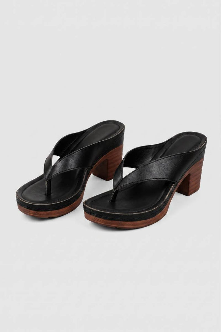 Platform Sandals Women - Block Heel Flip Flop with Wood Effect | Chic — Black