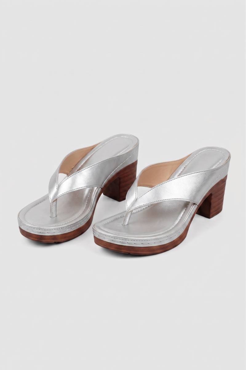 Platform Sandals Women - Block Heel Flip Flop with Wood Effect | Chic — Silver