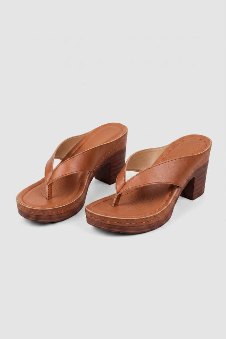 Platform Sandals Women - Block Heel Flip Flop with Wood Effect | Chic — Brown