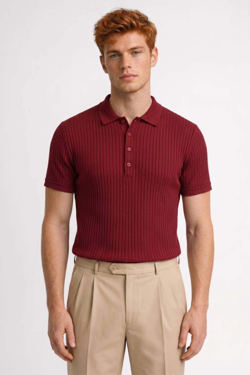 Polo Men - Ribbed Knit Short Sleeve with Button Front | Smart Casual — Wine