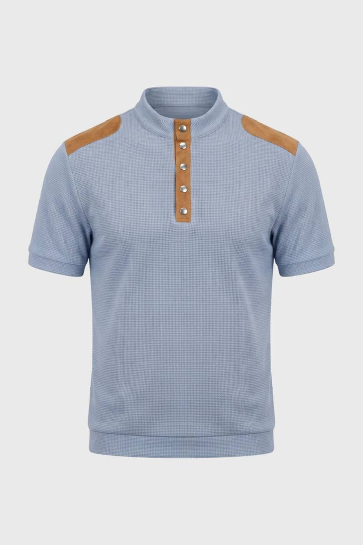 Polo Shirt Men - Colour Block Stand Collar with Button Placket | Smart — Light Blue