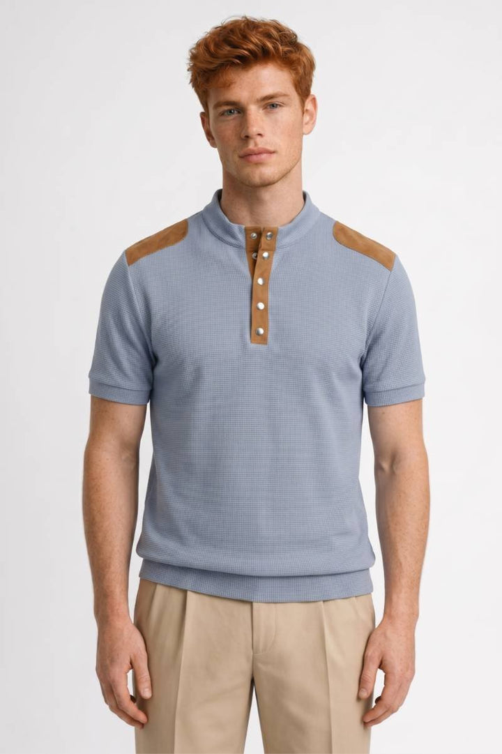 Polo Shirt Men - Colour Block Stand Collar with Button Placket | Smart — Light Blue