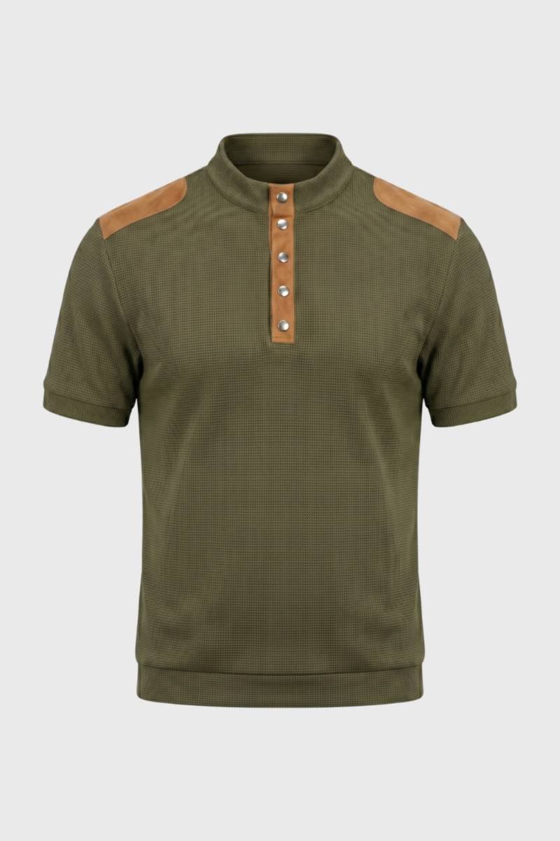 Polo Shirt Men - Colour Block Stand Collar with Button Placket | Smart — Olive