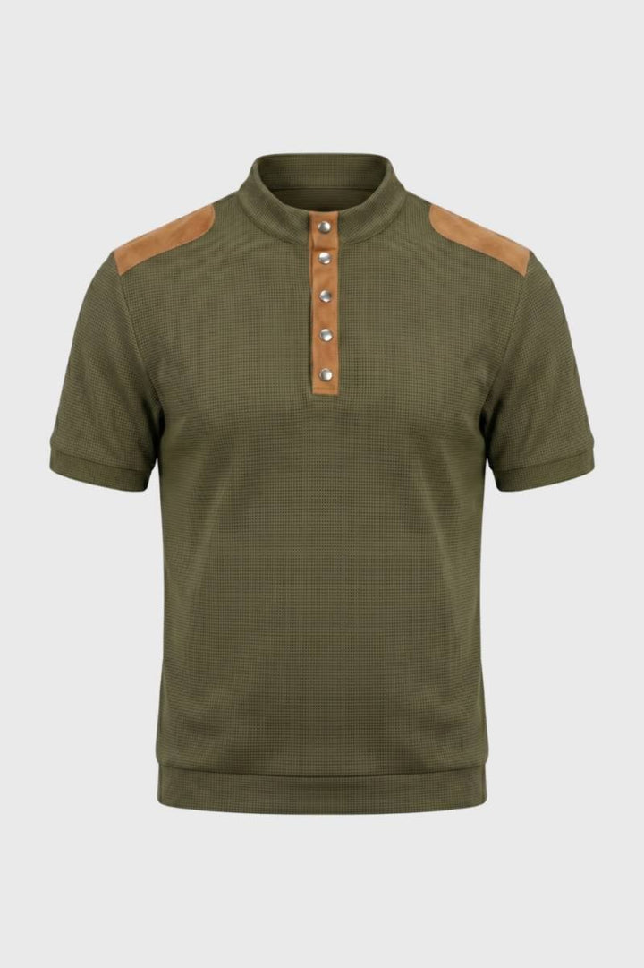 Polo Shirt Men - Colour Block Stand Collar with Button Placket | Smart — Olive