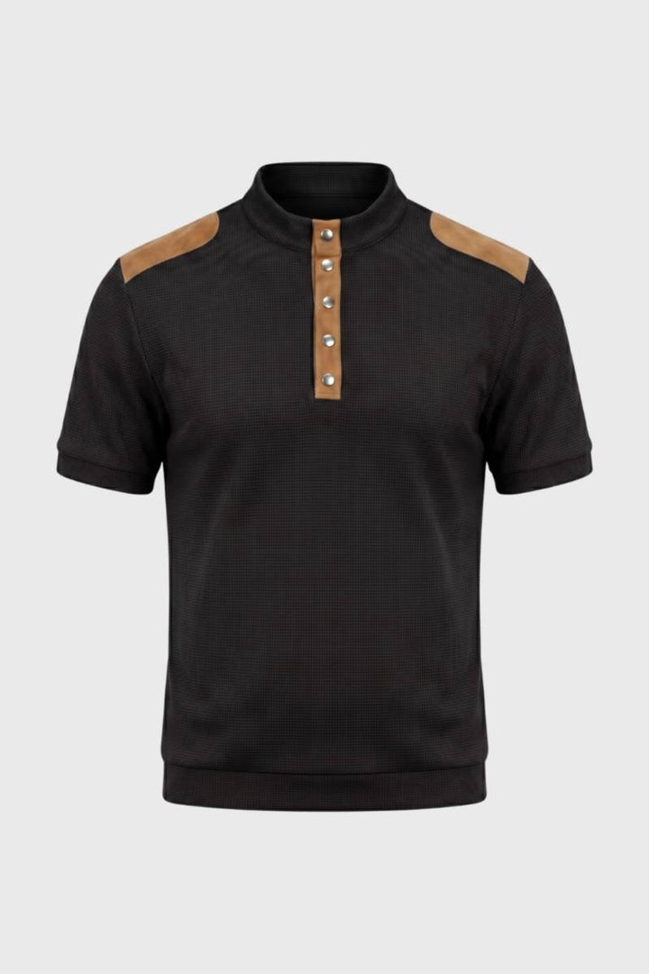 Polo Shirt Men - Colour Block Stand Collar with Button Placket | Smart — Black