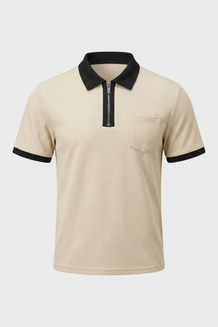 Polo Shirt Men - Contrast Collar Zip Detail | Smart Casual — Beige