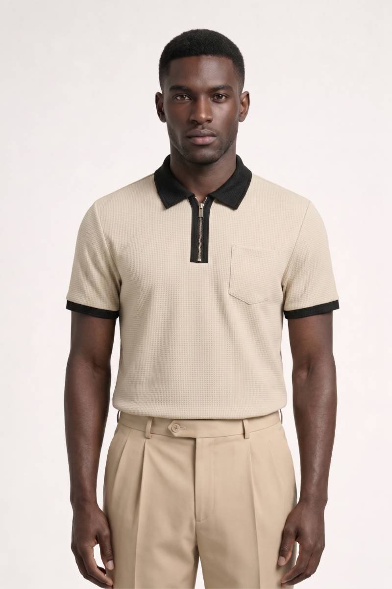 Polo Shirt Men - Contrast Collar Zip Detail | Smart Casual — Beige