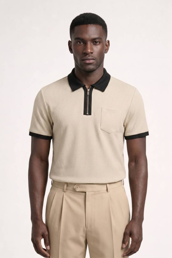 Polo Shirt Men - Contrast Collar Zip Detail | Smart Casual — Beige