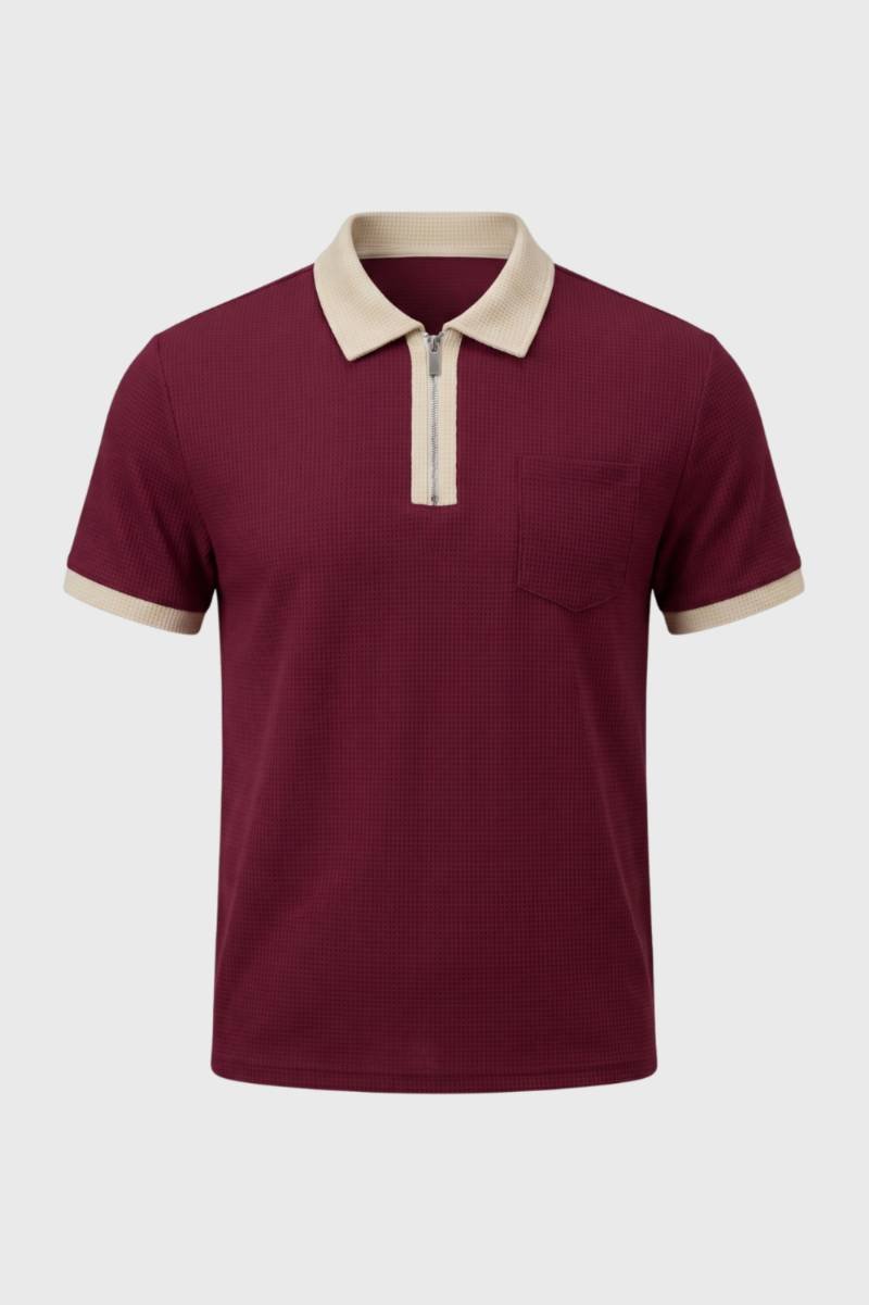 Polo Shirt Men - Contrast Collar Zip Detail | Smart Casual — Burgundy
