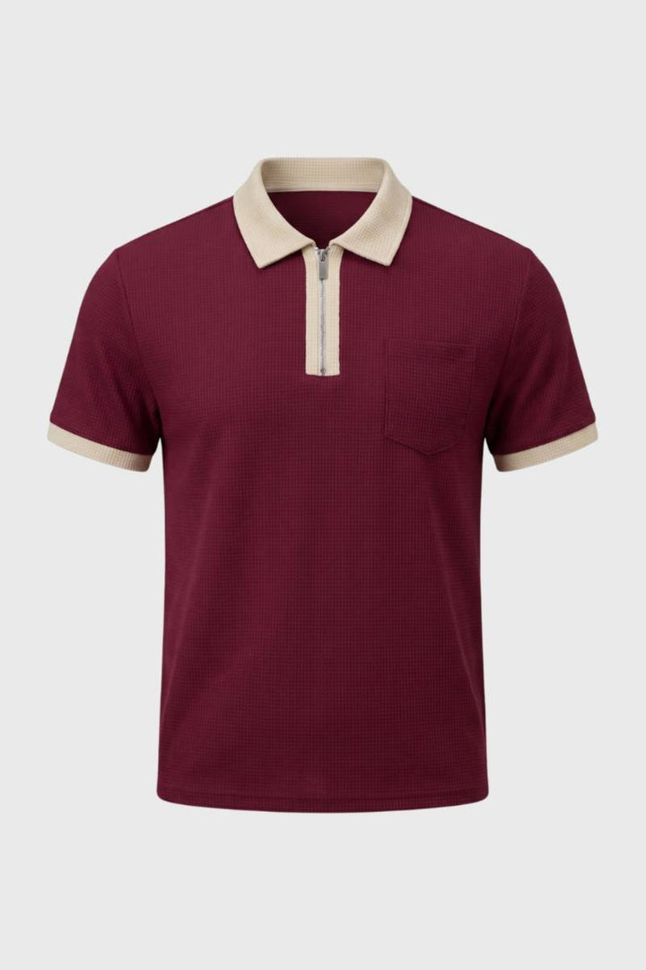 Polo Shirt Men - Contrast Collar Zip Detail | Smart Casual — Burgundy