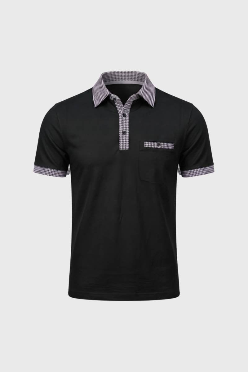 Polo Shirt Men - Gingham Collar Detail Short Sleeve | Smart — Black