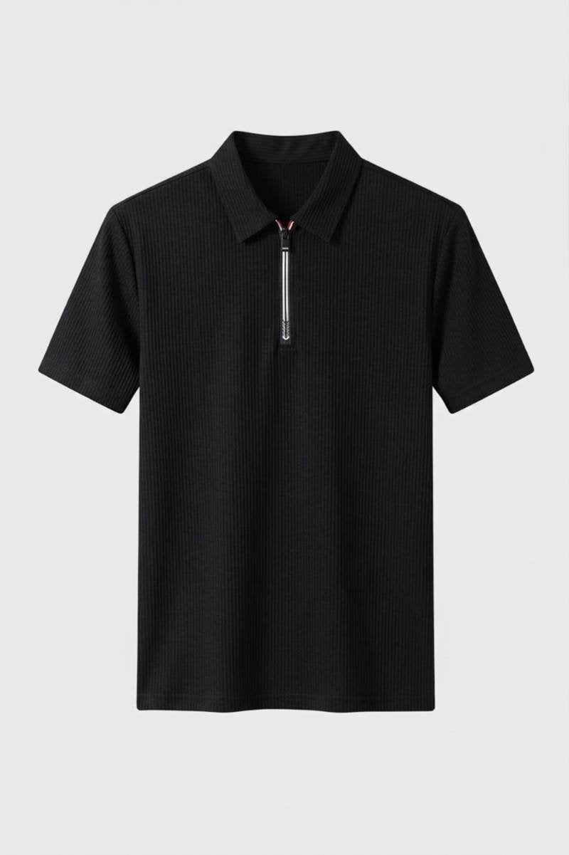Polo Shirt Men - Half Zip Ribbed Texture | Business Smart - Black