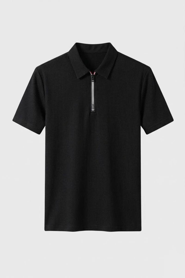Polo Shirt Men - Half Zip Ribbed Texture | Business Smart - Black