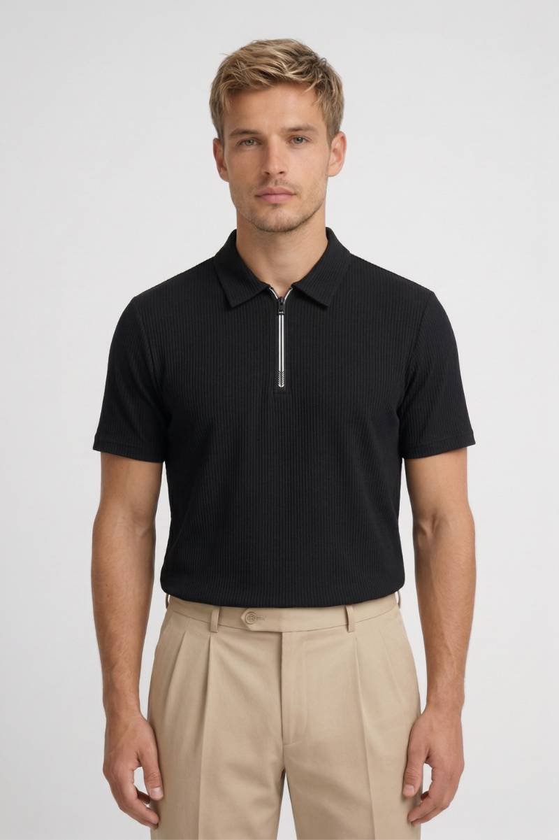 Polo Shirt Men - Half Zip Ribbed Texture | Business Smart - Black
