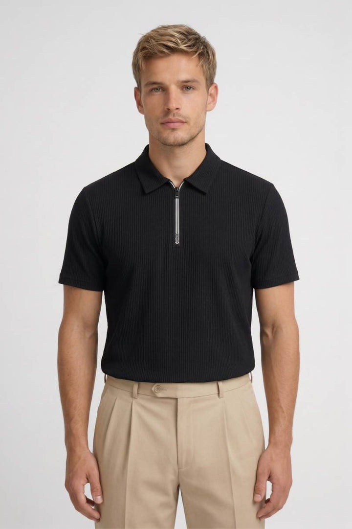 Polo Shirt Men - Half Zip Ribbed Texture | Business Smart - Black