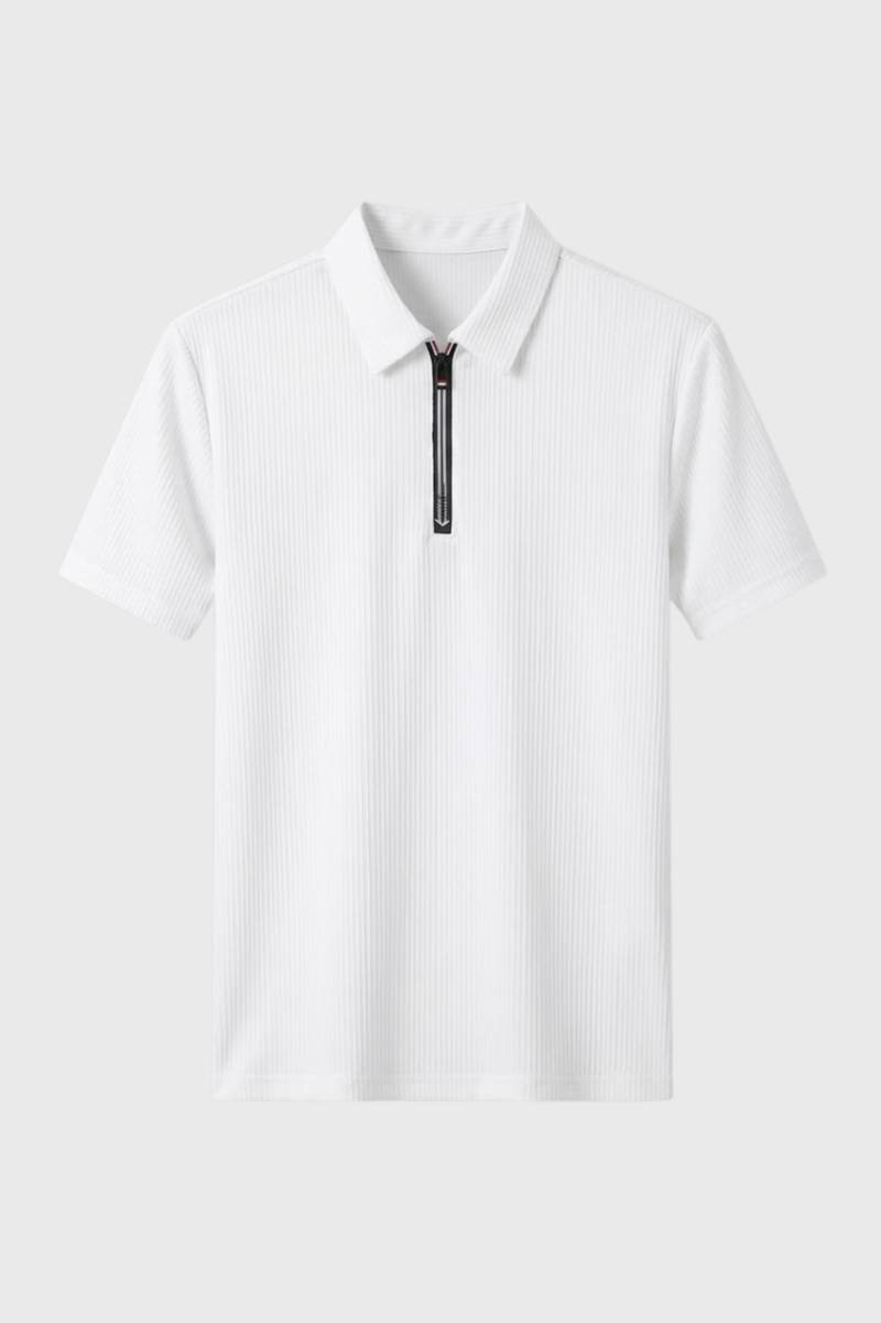 Polo Shirt Men - Half Zip Ribbed Texture | Business Smart - White