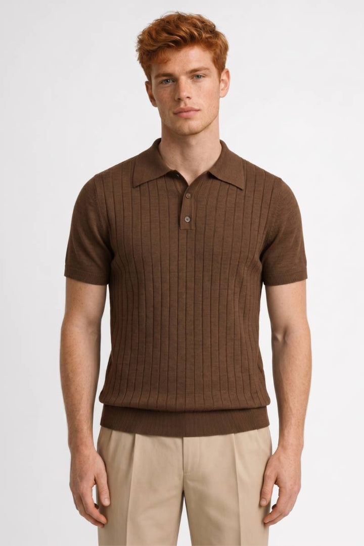 Polo Shirt Men - Ribbed Knit Classic Collar | Smart Casual — Brown