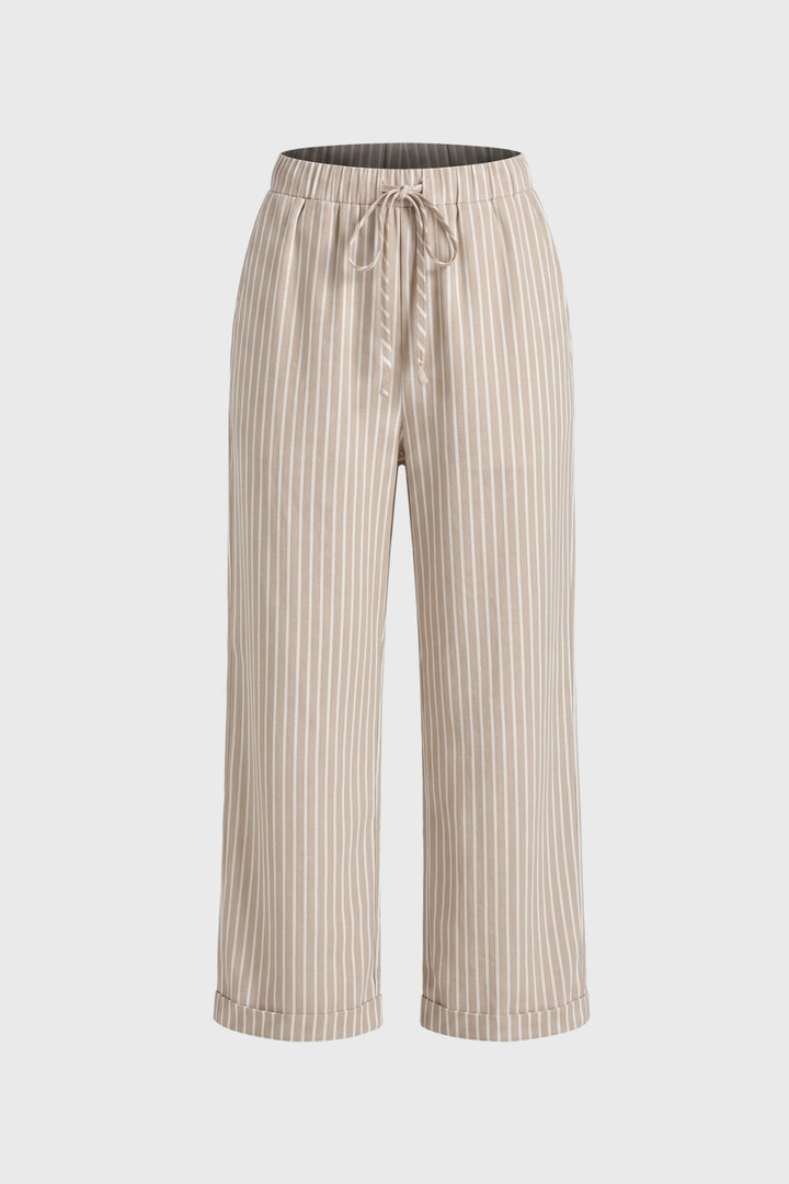 Wide Leg Trousers Women - Striped Drawstring High Waist | Casual