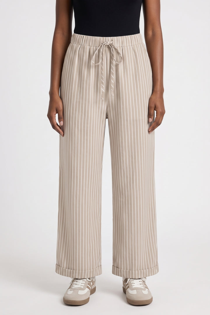 Wide Leg Trousers Women - Striped Drawstring High Waist | Casual