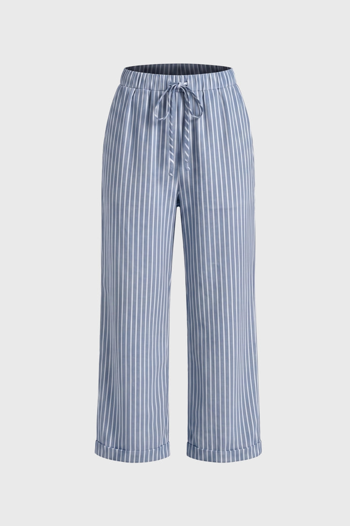 Wide Leg Trousers Women - Striped Drawstring High Waist | Casual