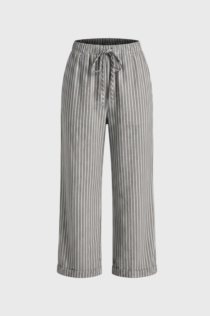 Wide Leg Trousers Women - Striped Drawstring High Waist | Casual