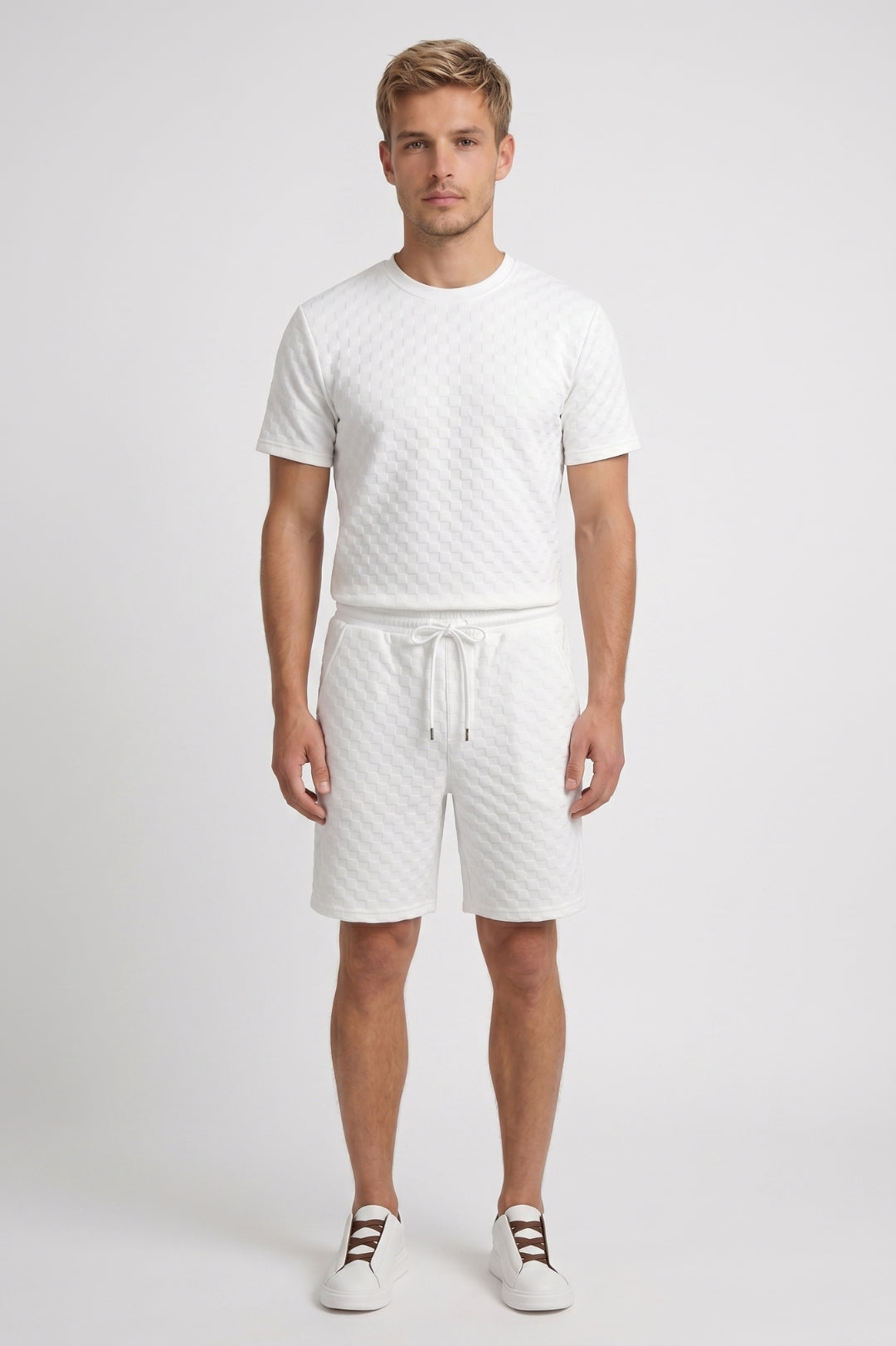 Co-ord Set Men - Textured Short Sleeve & Drawstring Shorts | Casual