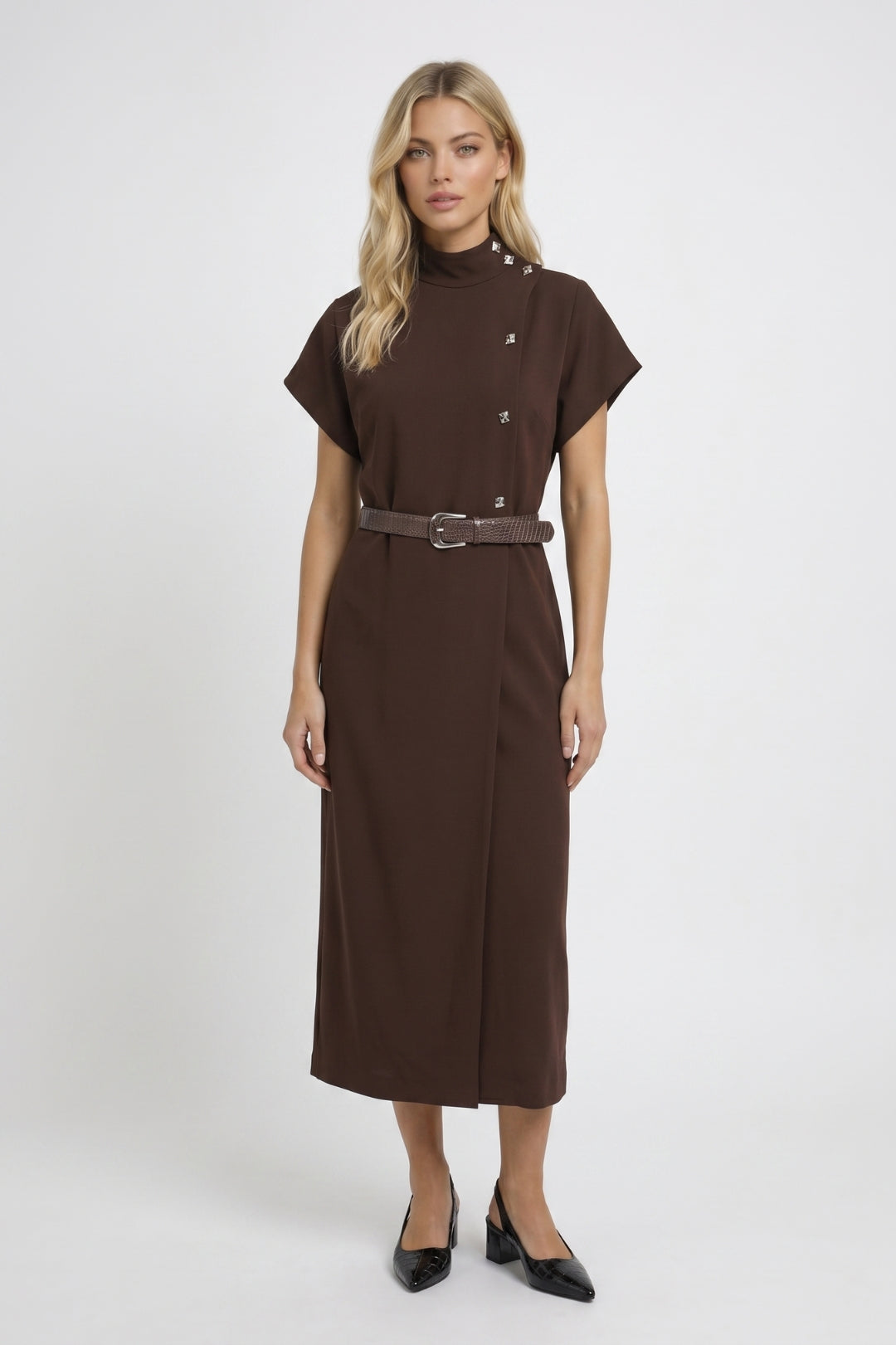Midi Dress Women - Mock Neck Belt Detail | Elegant Chic