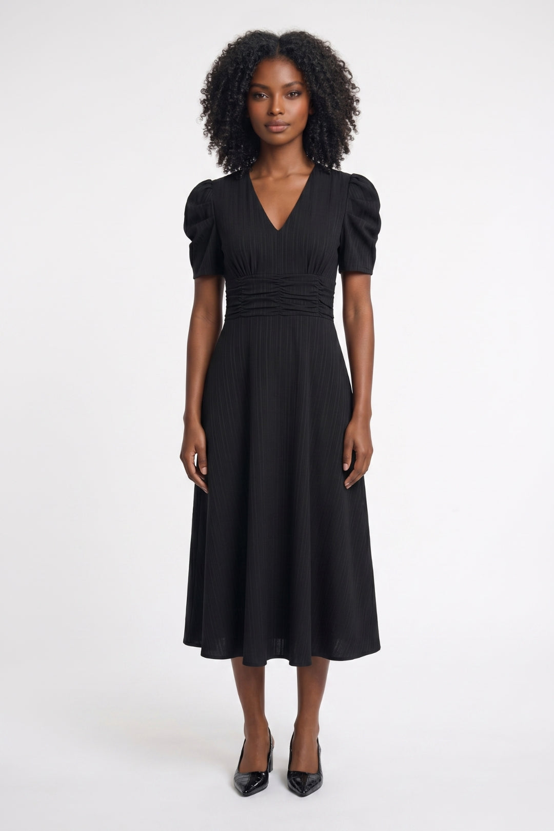 Midi Dress Women - V-Neck Puff Sleeve with Ruched Waist | Elegant