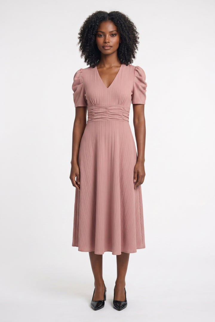 Midi Dress Women - V-Neck Puff Sleeve with Ruched Waist | Elegant