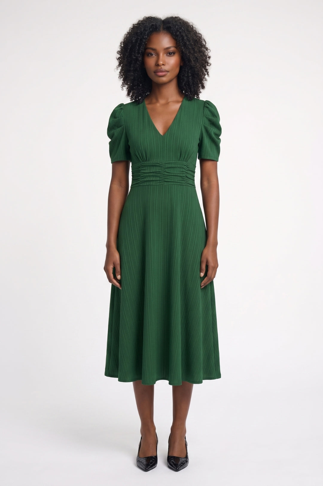 Midi Dress Women - V-Neck Puff Sleeve with Ruched Waist | Elegant