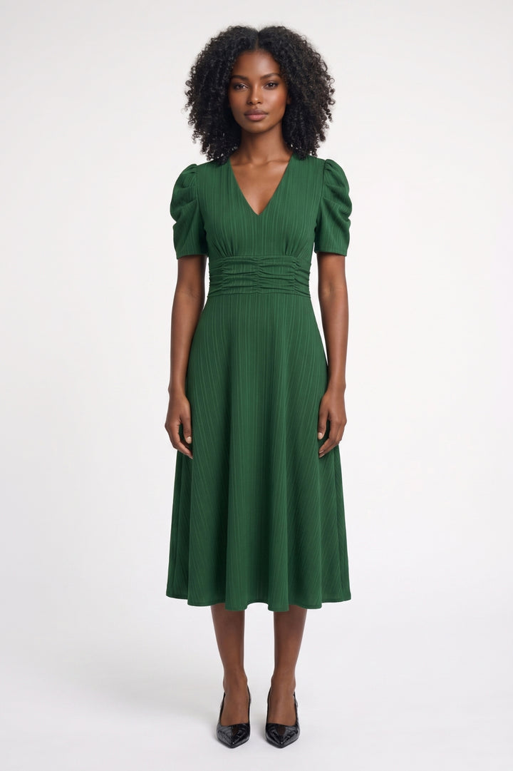 Midi Dress Women - V-Neck Puff Sleeve with Ruched Waist | Elegant