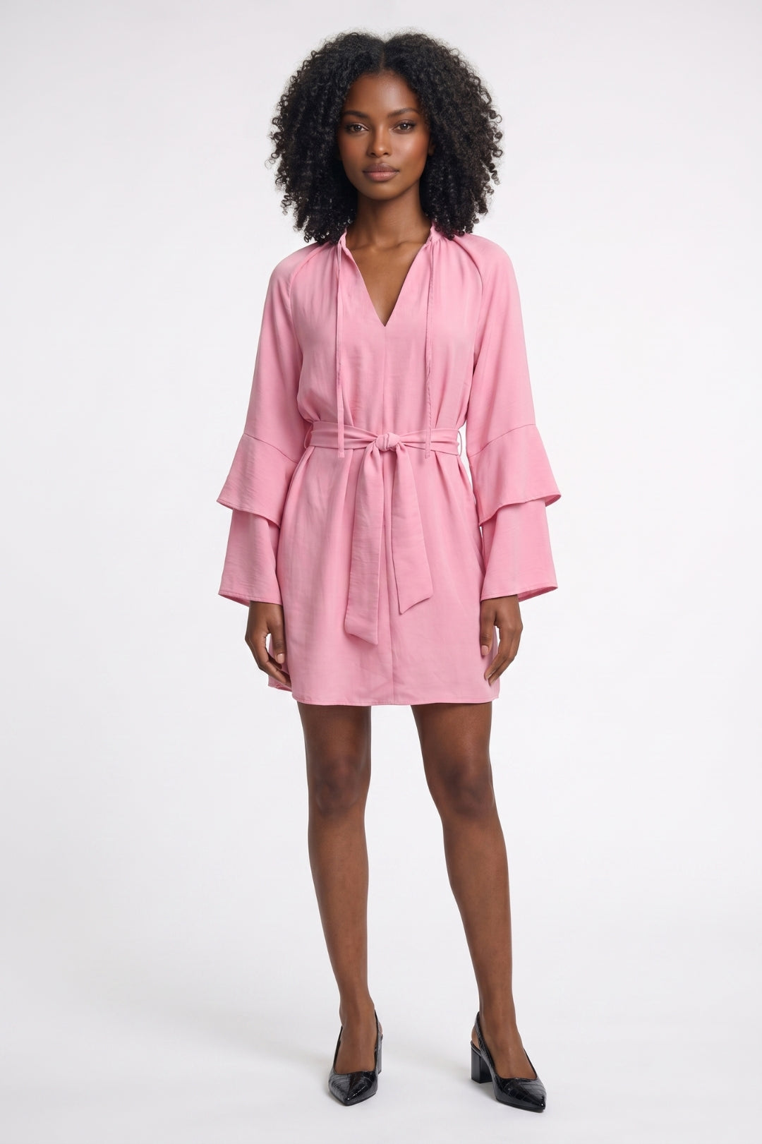 Mini Dress Women - Tiered Bell Sleeves V-Neck Tie Waist | Chic