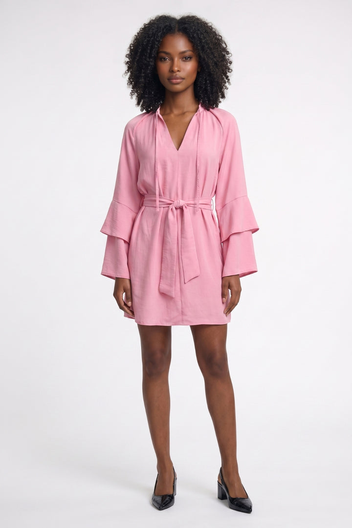 Mini Dress Women - Tiered Bell Sleeves V-Neck Tie Waist | Chic