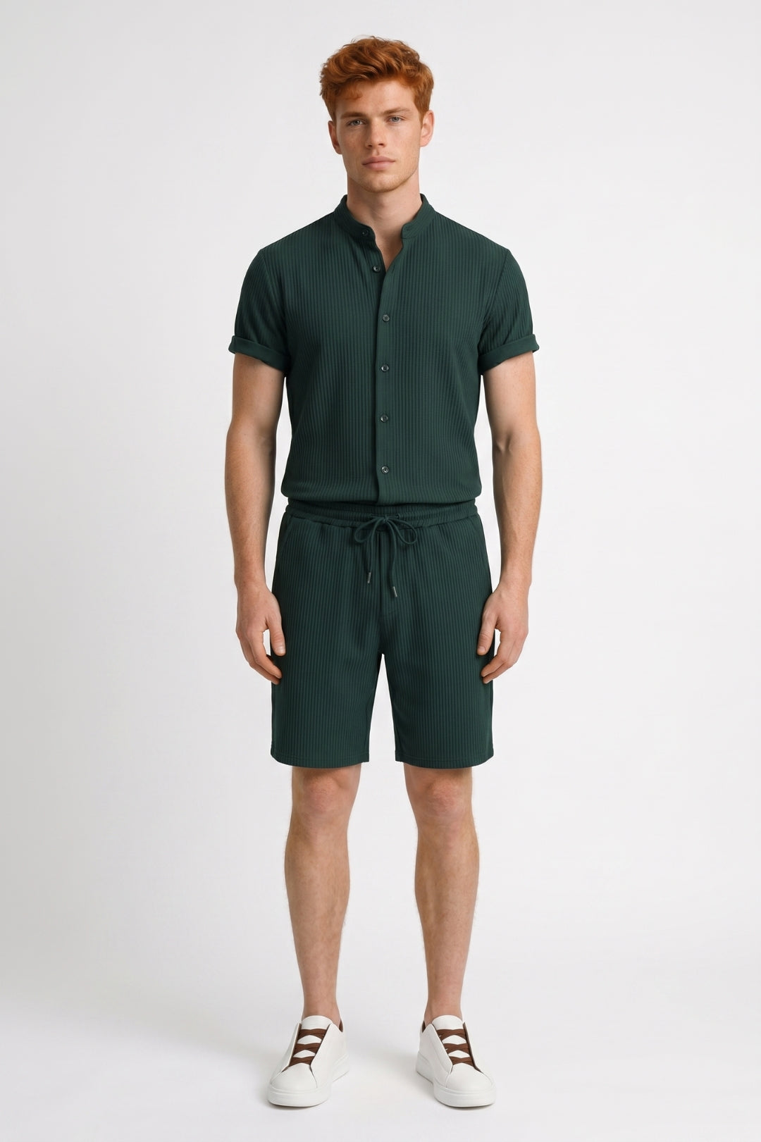 Set Men - Ribbed Button Front Shirt & Drawstring Shorts | Casual
