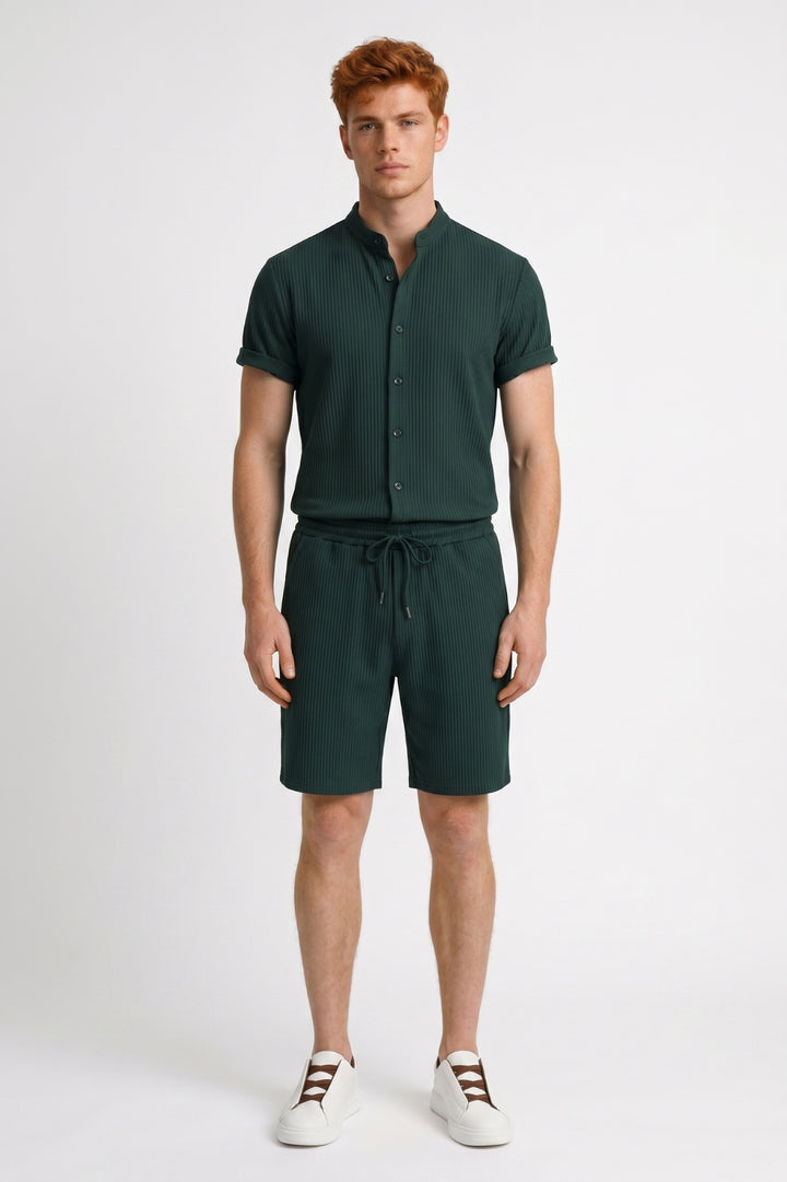 Set Men - Ribbed Button Front Shirt & Drawstring Shorts | Casual