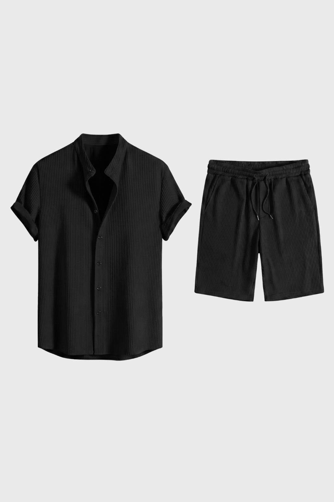 Set Men - Ribbed Button Front Shirt & Drawstring Shorts | Casual