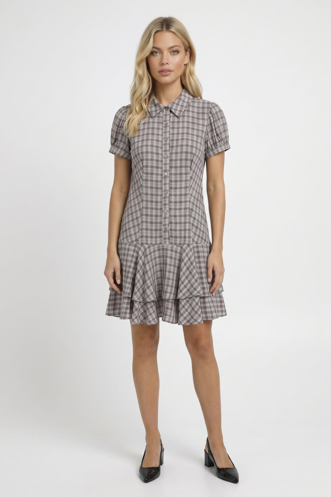 Mini Dress Women - Gingham Button Up Ruffle Hem | Vintage Chic