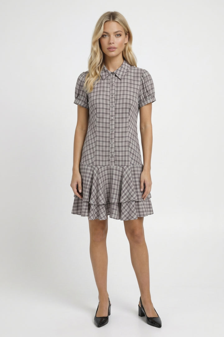 Mini Dress Women - Gingham Button Up Ruffle Hem | Vintage Chic