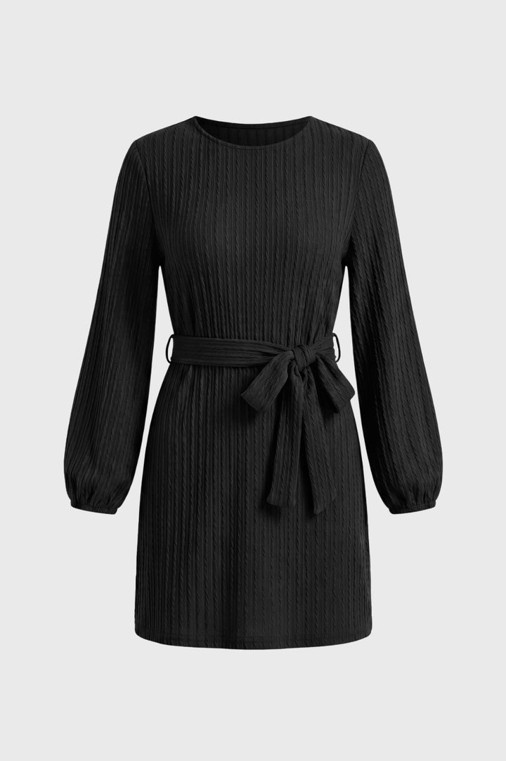 Mini Dress Women - Ribbed Long Sleeve with Tie Belt | Casual