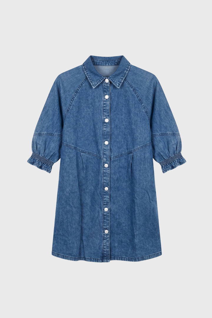 Shirt Dress Women - Button Front Collar Mini with Puffed Sleeves